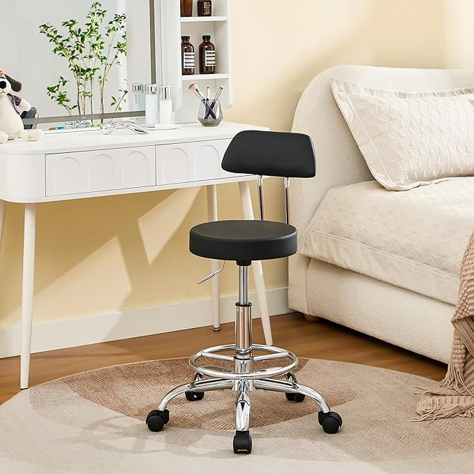 Rolling Stool with Back, Adjustable Height Foot Rest Rolling Salon Chair