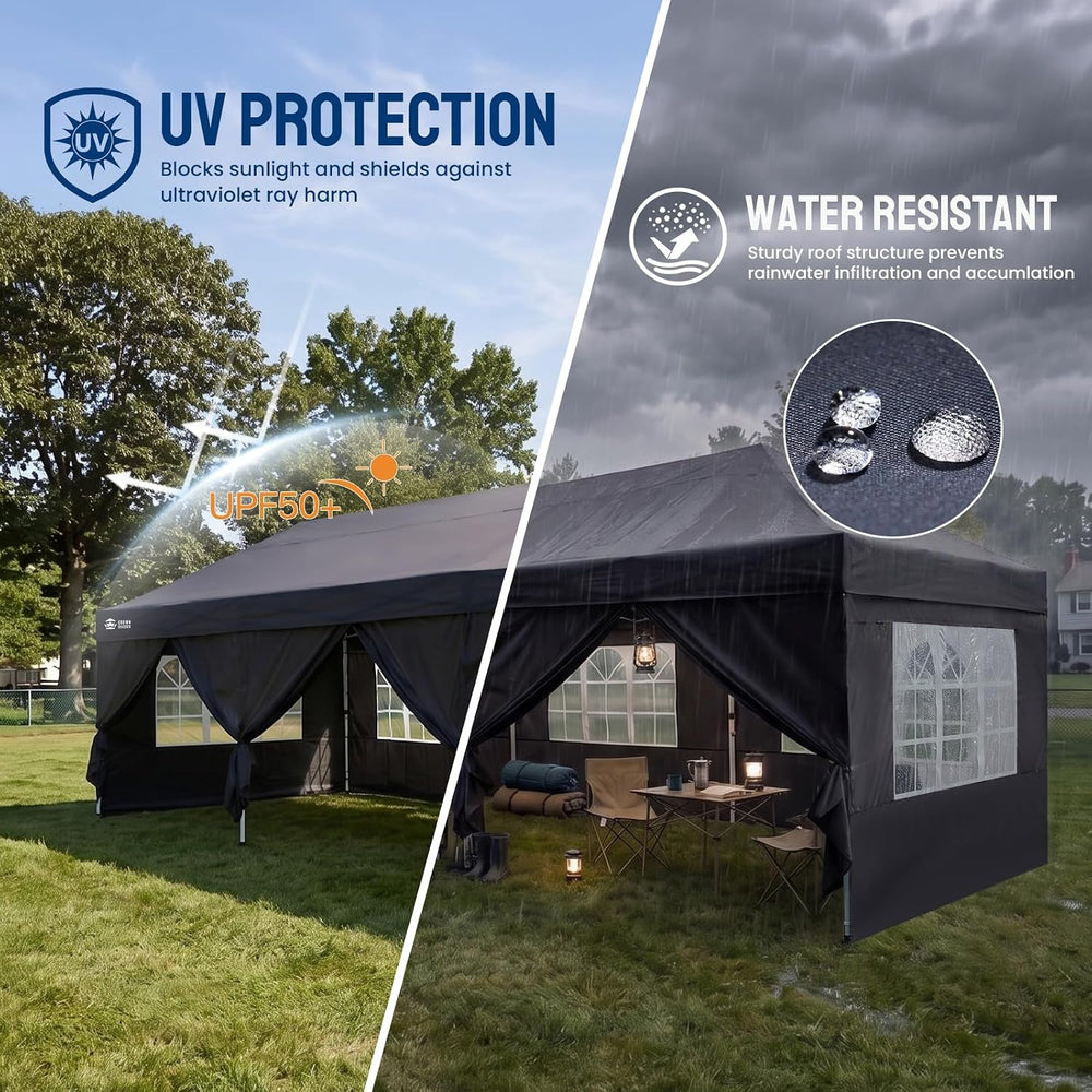 CROWN SHADES 10X30 Pop Up Canopy Tent with Sidewalls, Instant Setup, Black