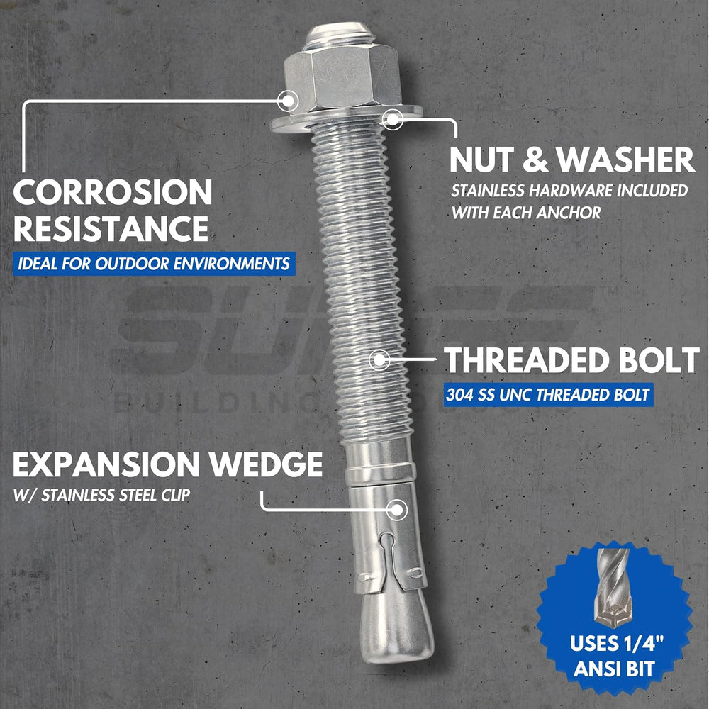 1/4" X 2-1/4" 304 Stainless Steel Wedge Anchors for Concrete (Box o...