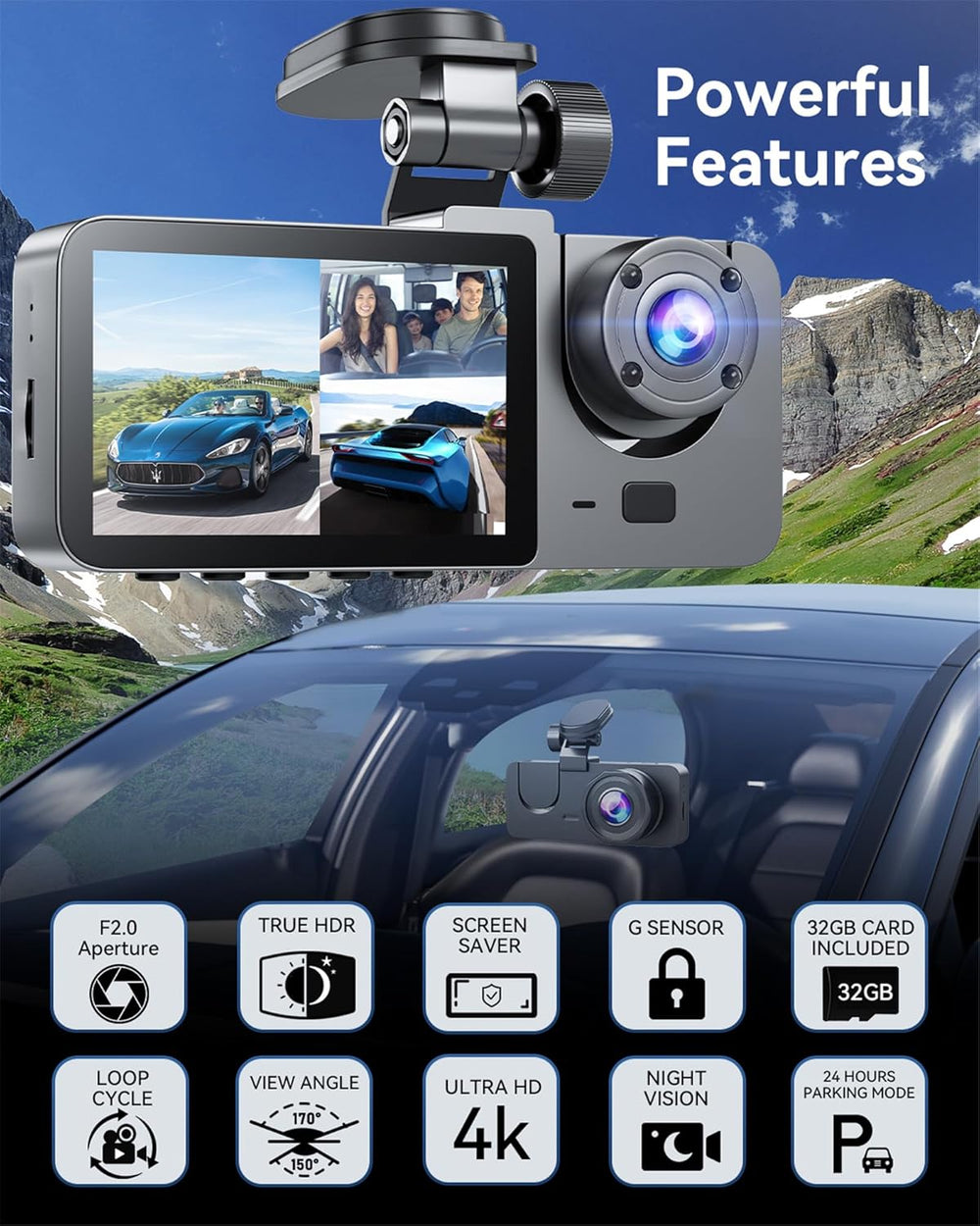Dash Cam Front and Rear Inside 3 Channel 4K Full UHD Dash Camera for Cars