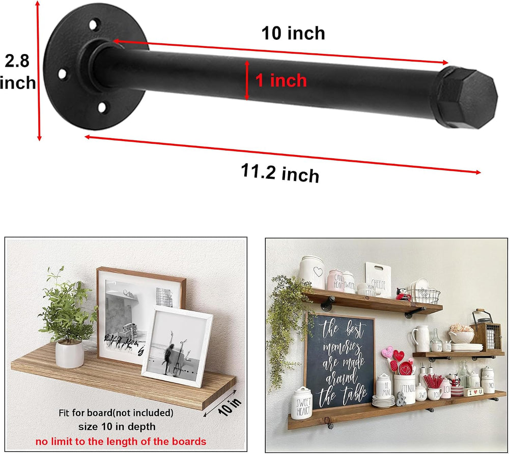 10 Inch Industrial Pipe Shelf Brackets Set of 8, Black Wall Shelving