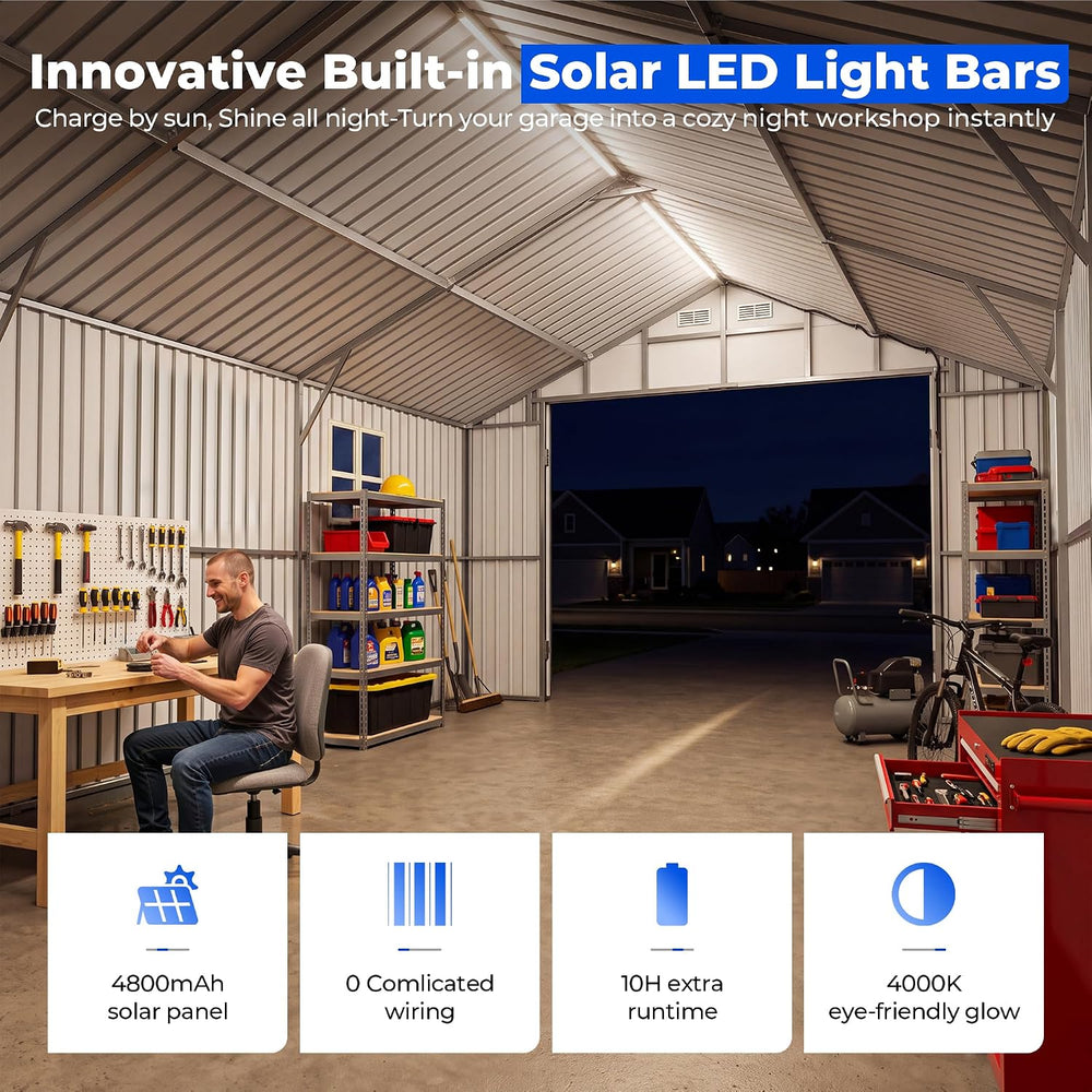 9.5FT Tall Outdoor Metal Garage 13x20FT, Built-In Solar Lights Storage Shed