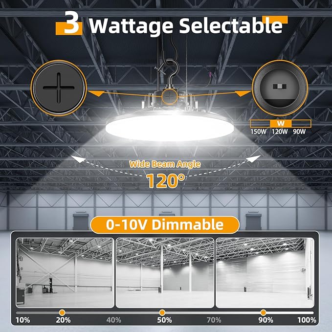 6 Pack 480V LED High Bay Light UL DLC Listed UFO Light 150W 100W 80W Adjustable