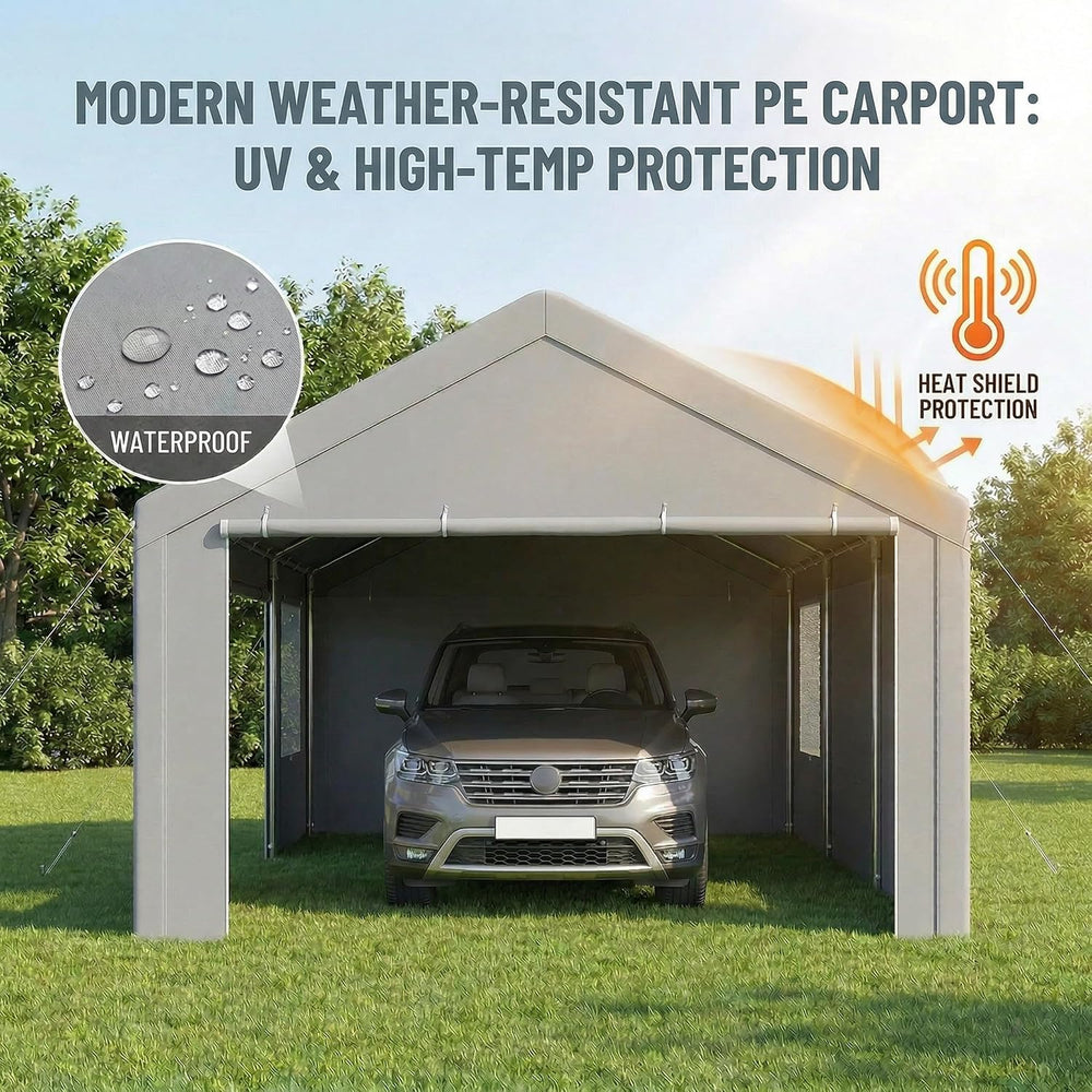 12x20 FT Heavy Duty Carport with Galvanized Frame, Gray