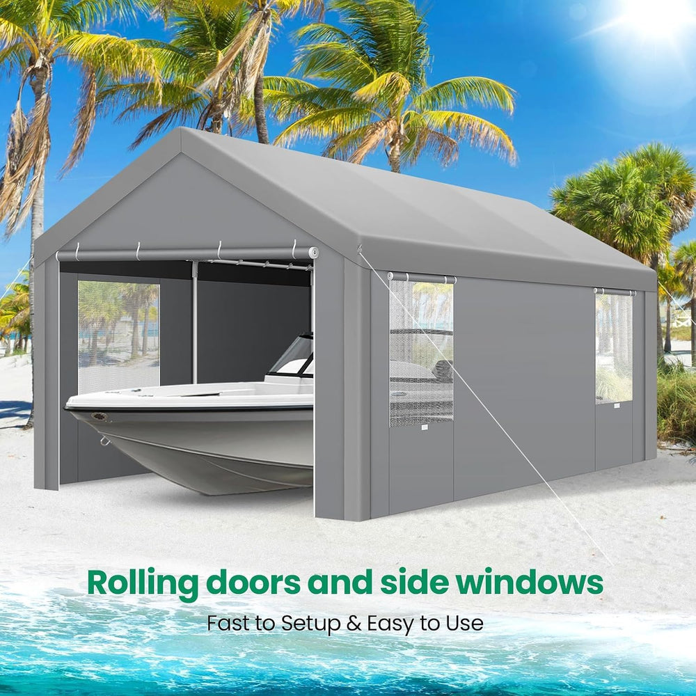 10x20 FT Heavy Duty Carport with Galvanized Frame，Gray