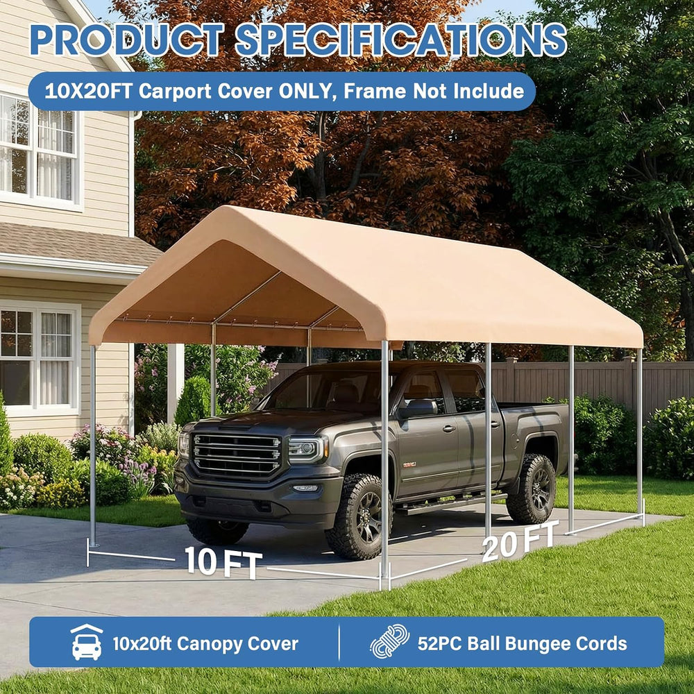 10x20 Canopy Replacement Cover, Outdoor Carport Canopy Top Only, Beige