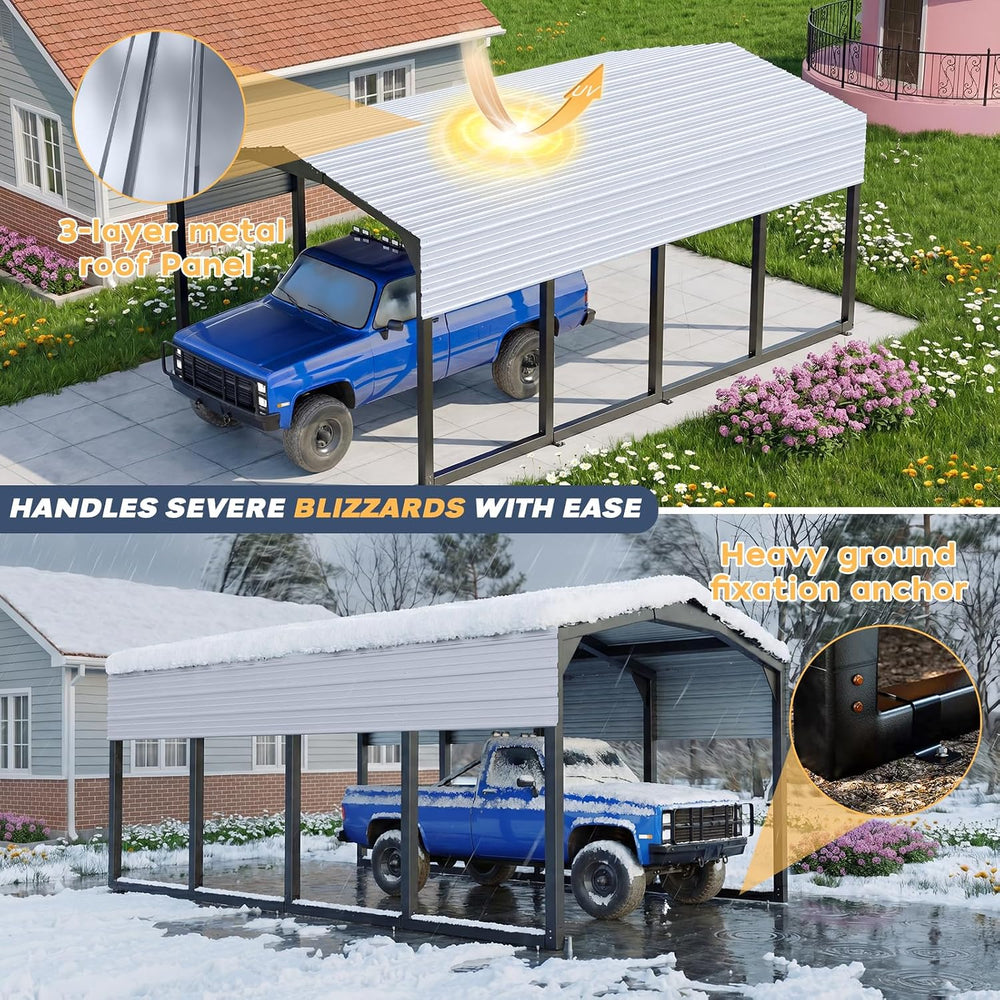 Military-Grade Metal Carport 12x20 FT, Heavy- Duty Galvanized Steel Roof