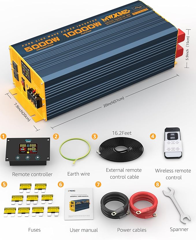 5000 Watt Power Inverter Pure Sine Wave 12V DC to 110V 120V 10000W Peak Heavy