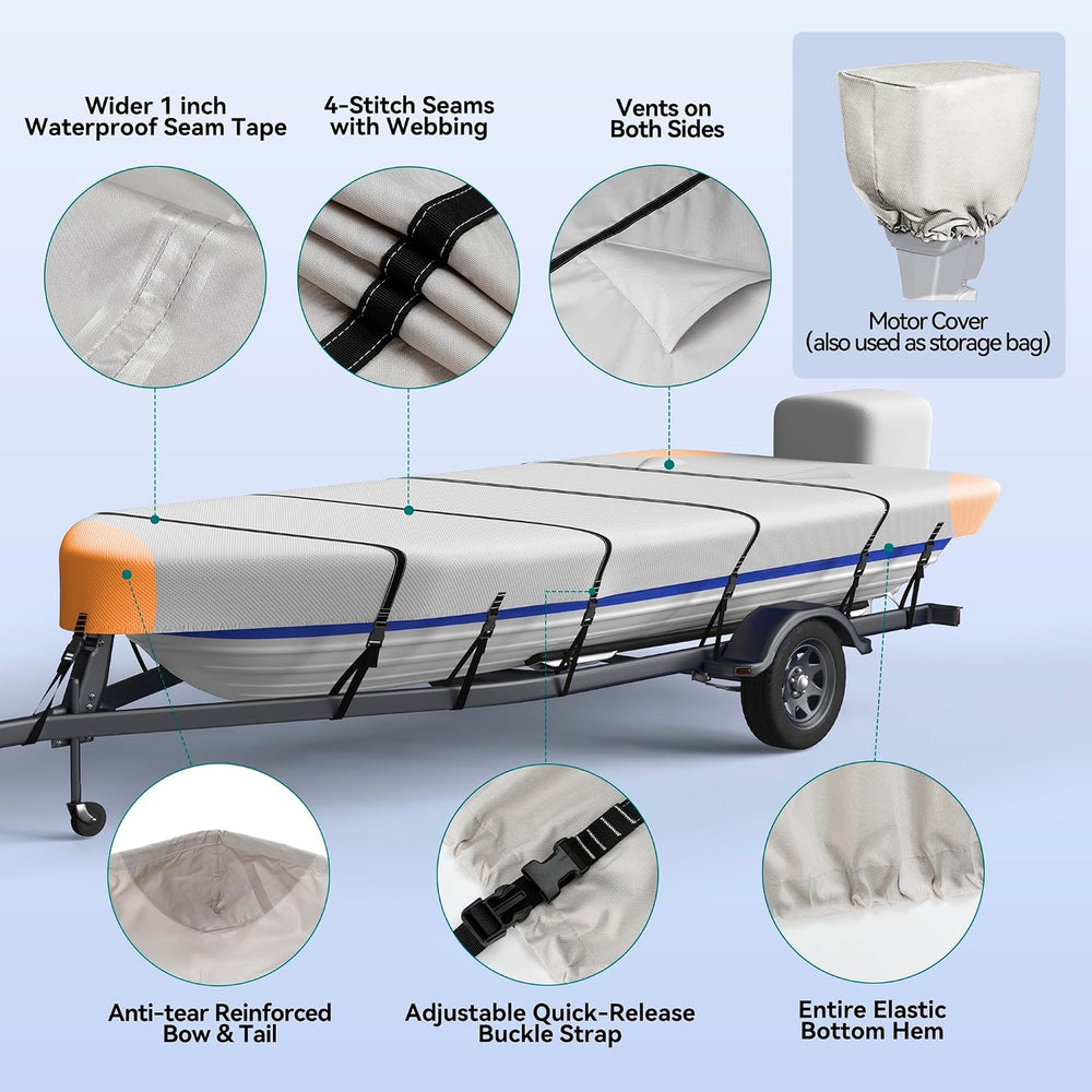 Heavy Duty 5 Layers 1200D Jon Boat Cover 12ft - 14 ft with Motor Cover