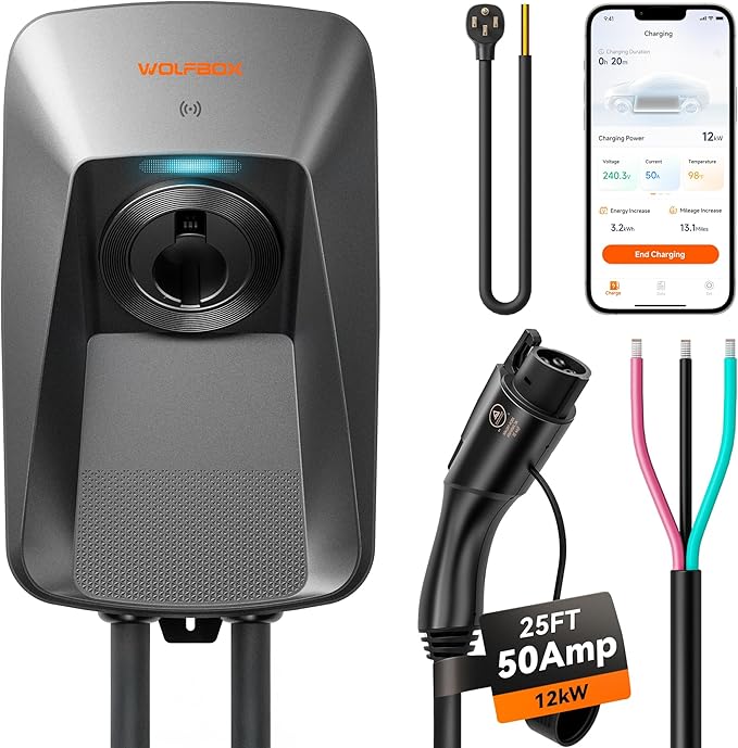 WOLFBOX Level 2 ev Charger 50 Amp J1772, Hardwired ev Charger Level 2