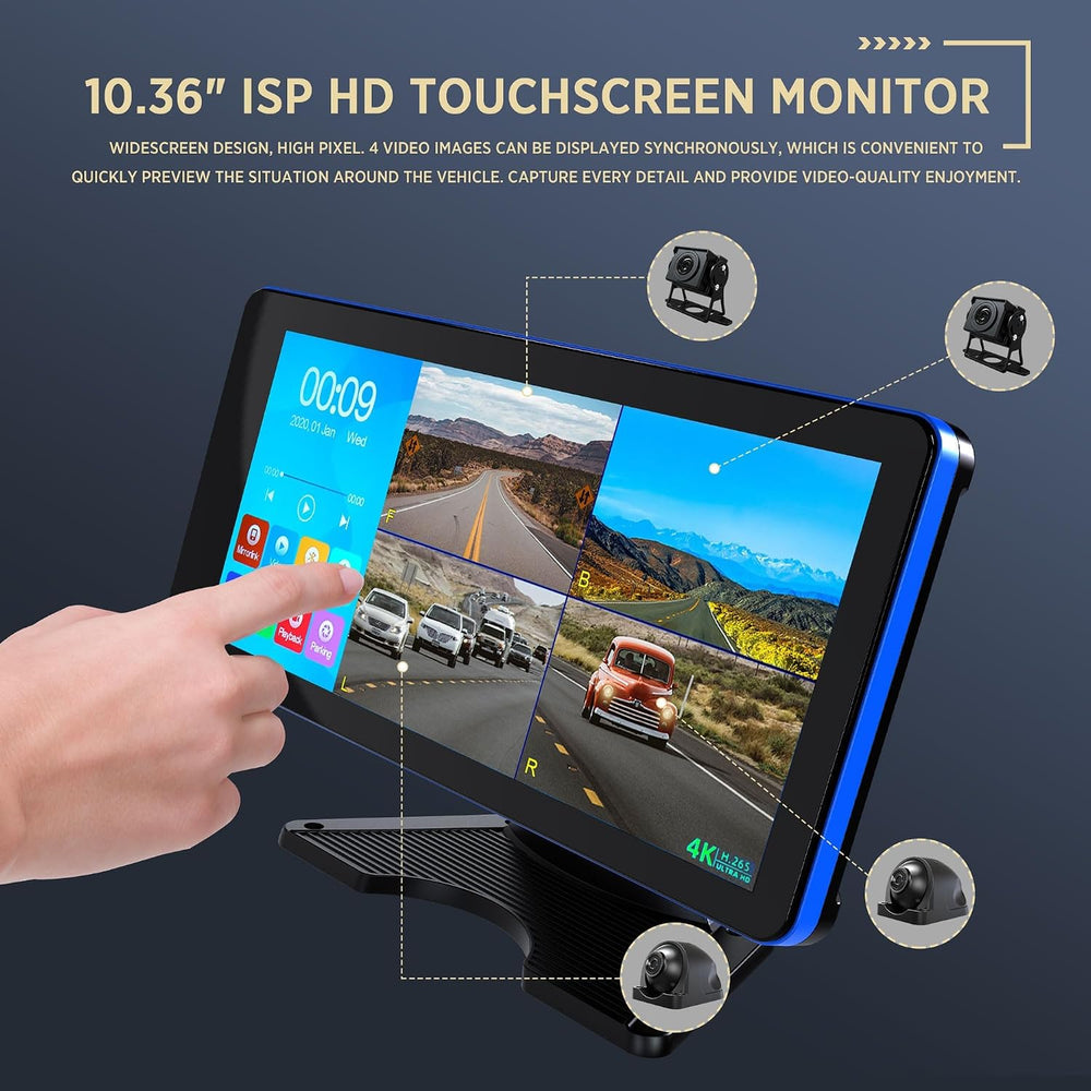 4CH Dash Cam Backup Camera with 10.36" Quad Split Touchscreen for RV