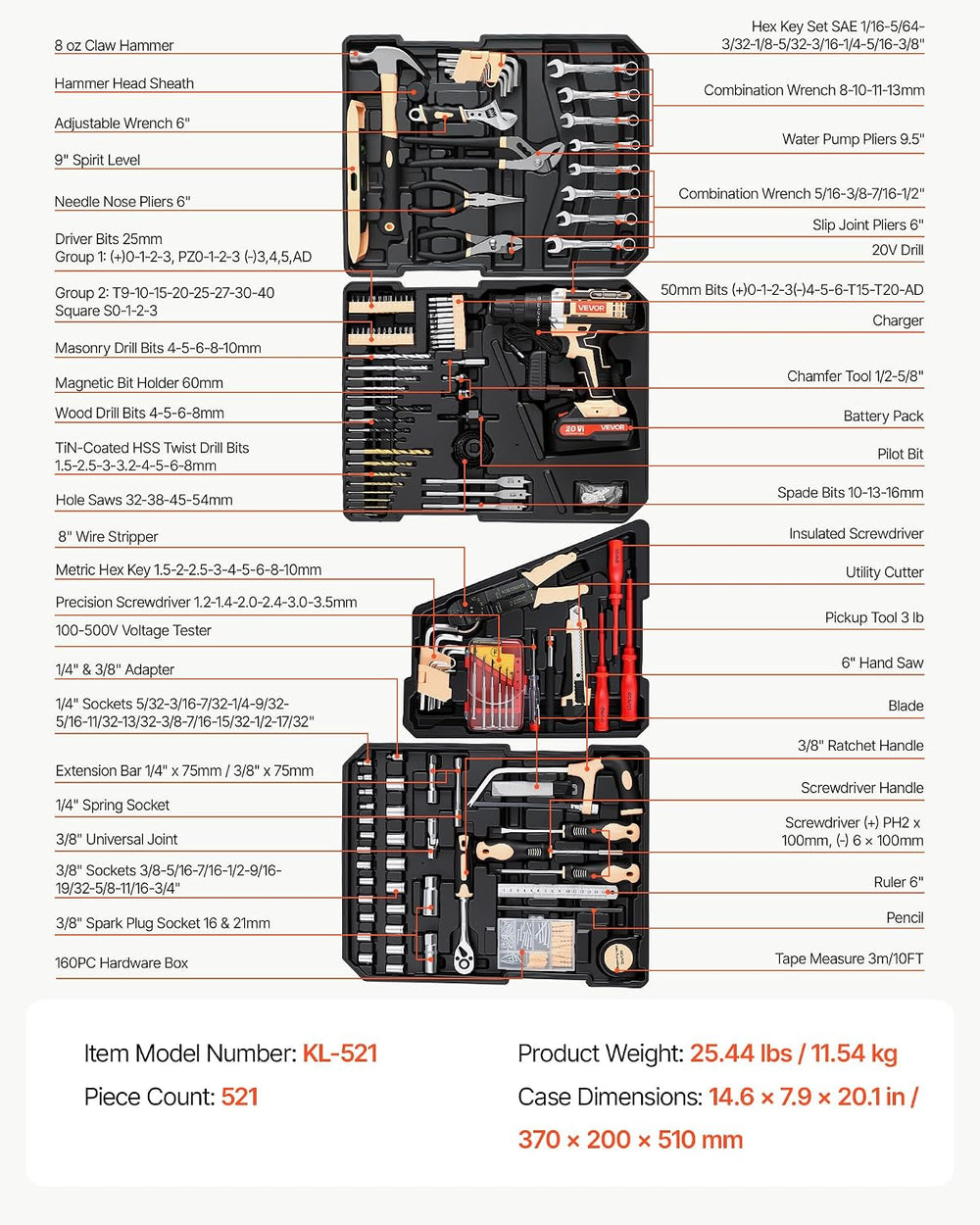 VEVOR 521-Piece Tool Set with 20V Cordless Power Drill, Rolling Tool Box