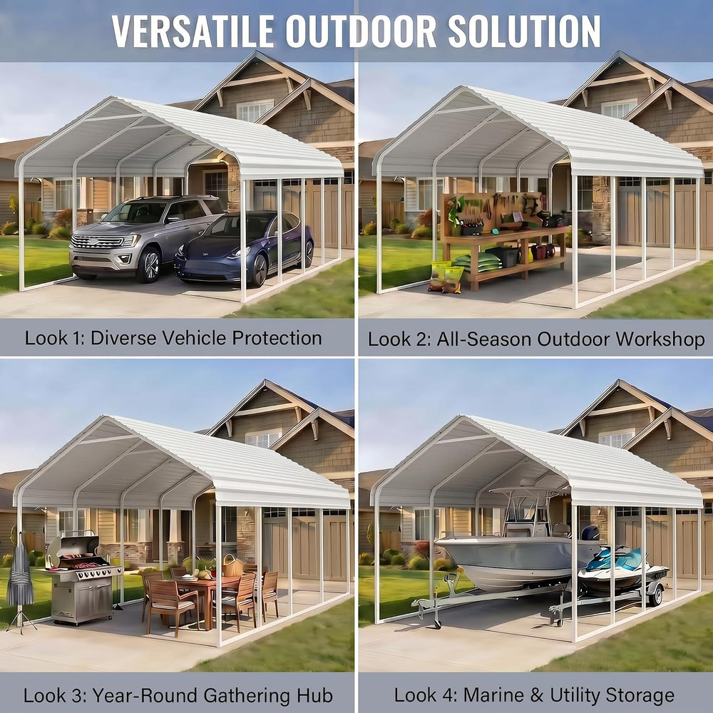 White 10x20 ft Heavy Duty Metal Carport Kit