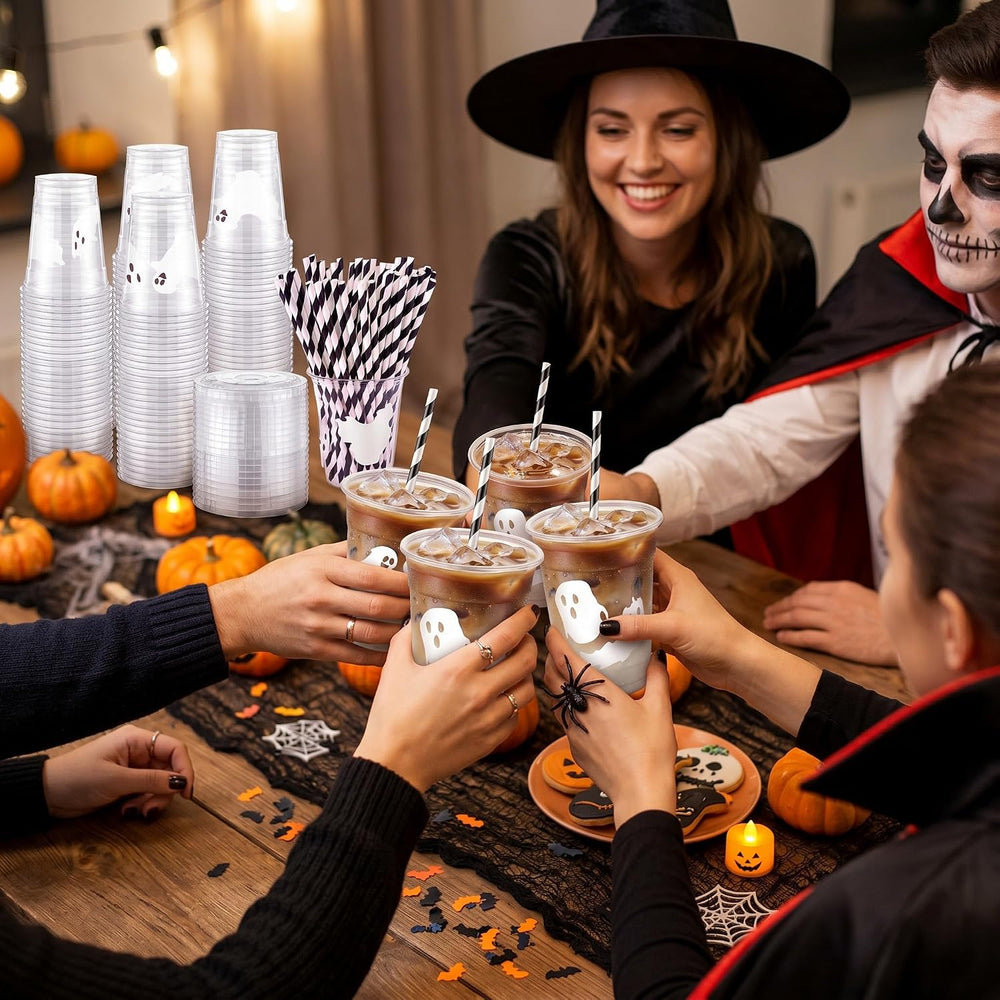 Jingmore 50 Set Halloween Ghost Lattes Plastic Cup 16 oz with Lid and Straw (...