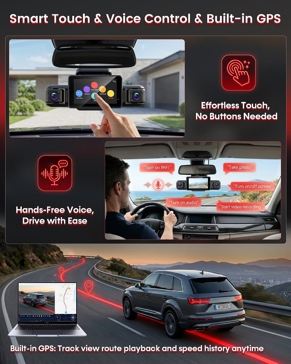 HUPEJOS AI 4K Dash Cam Front and Rear, 360° View 4 Channel Camera for Car
