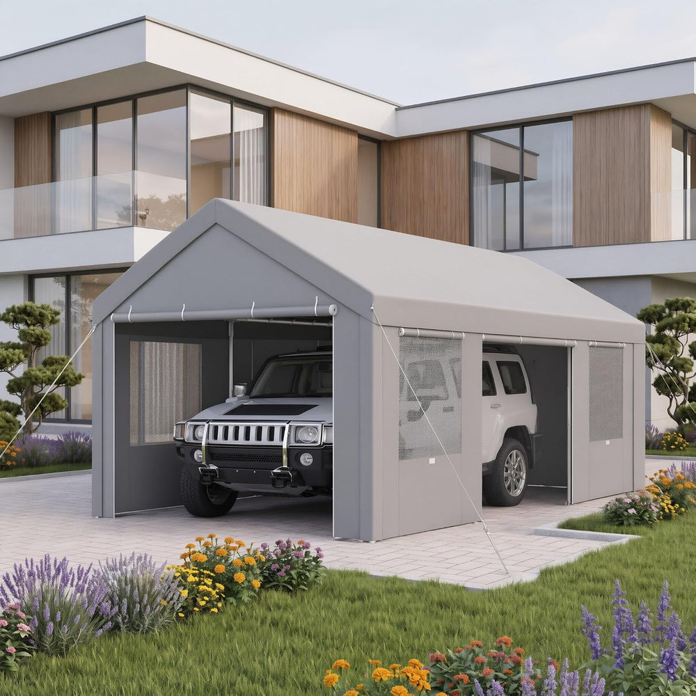 12x20 FT Heavy Duty Carport with Galvanized Frame, Gray
