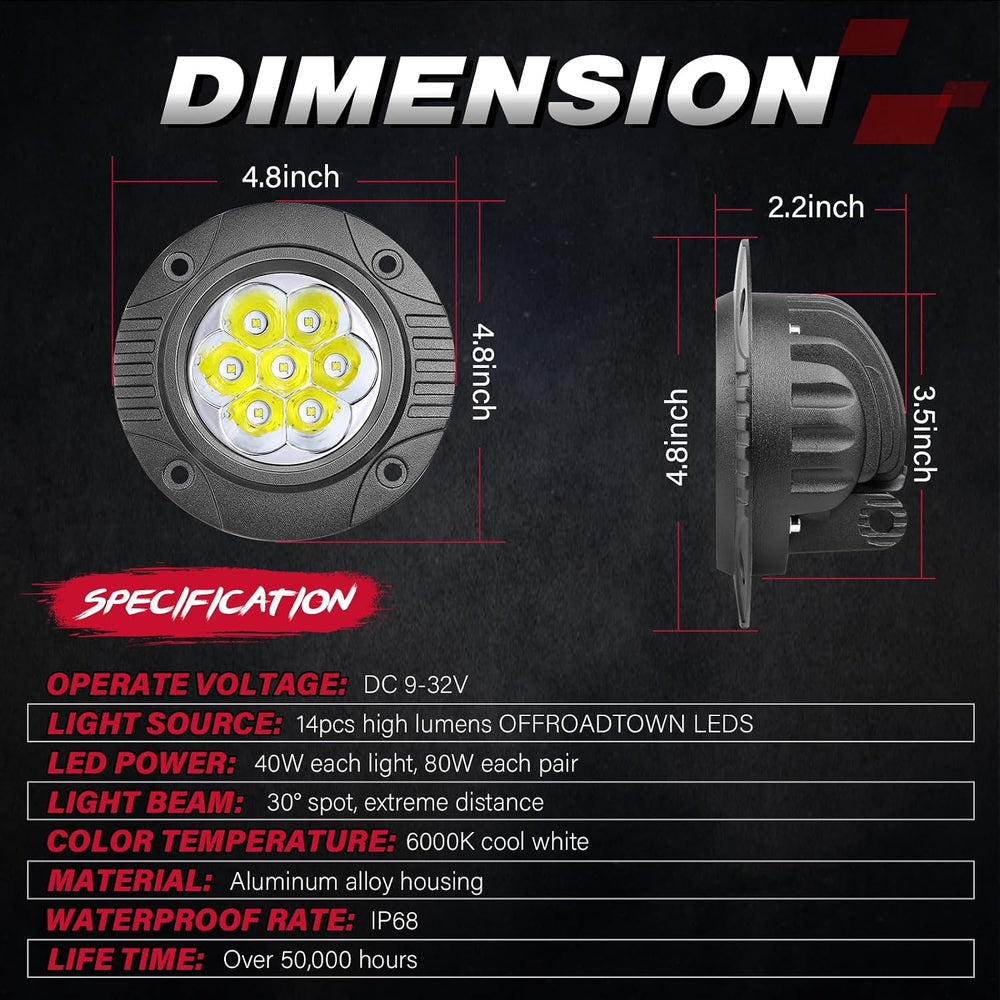 OFFROADTOWN 3.5Inch 80W Round Flush Mount LED Pods Offroad Driving Lights
