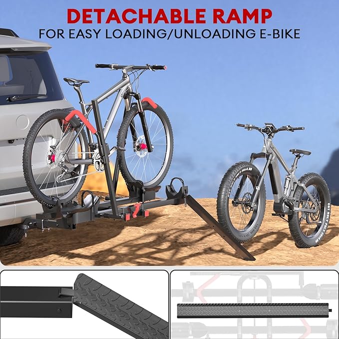 Hitch 2 EBike Rack with Ramp, 170lbs Capacity Electric Bike Carrier Foldable