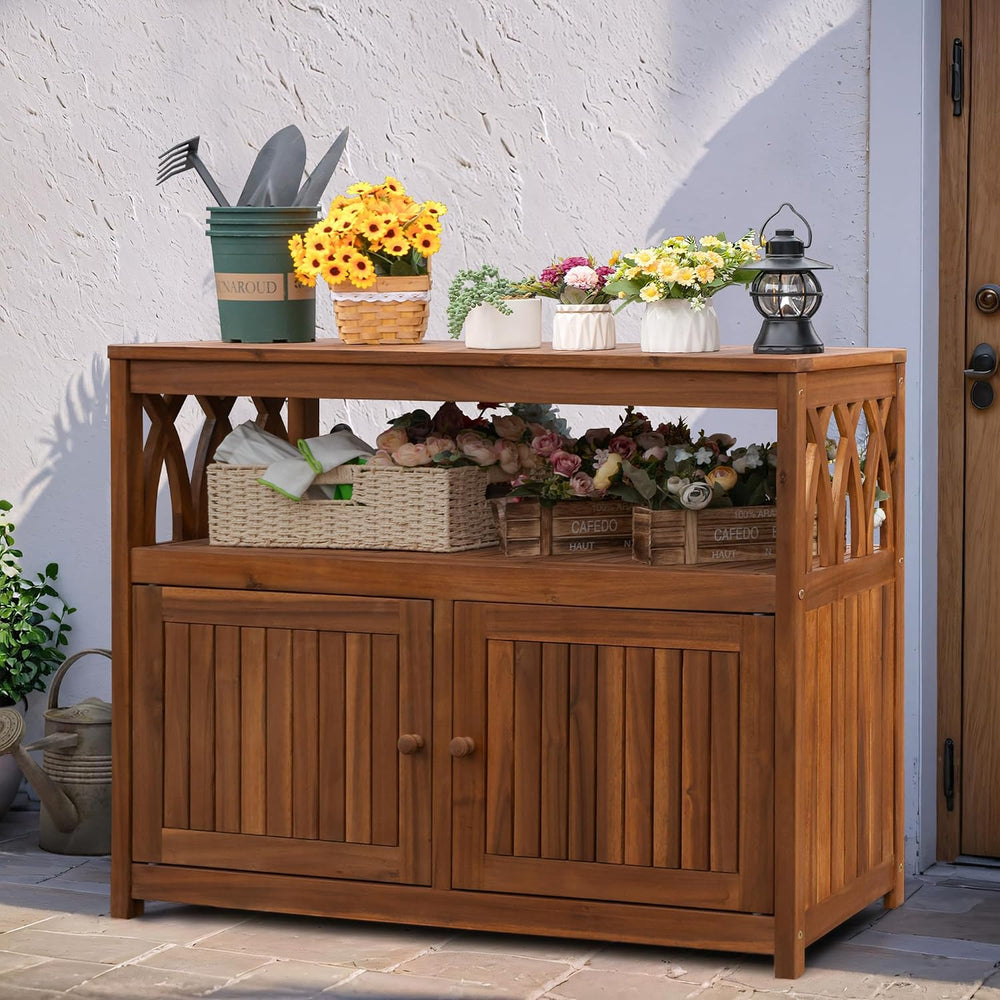 Greesum 2‑Tier Acacia Wood Outdoor Storage Cabinet with 2 Magnetic Doors