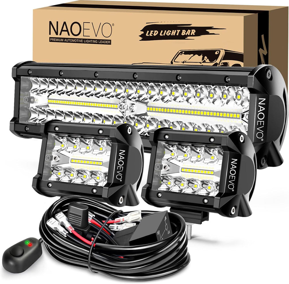 NAOEVO 12Inch LED Light Bar and 2PCS 4Inch Pod Lights with 3-Lead Harness