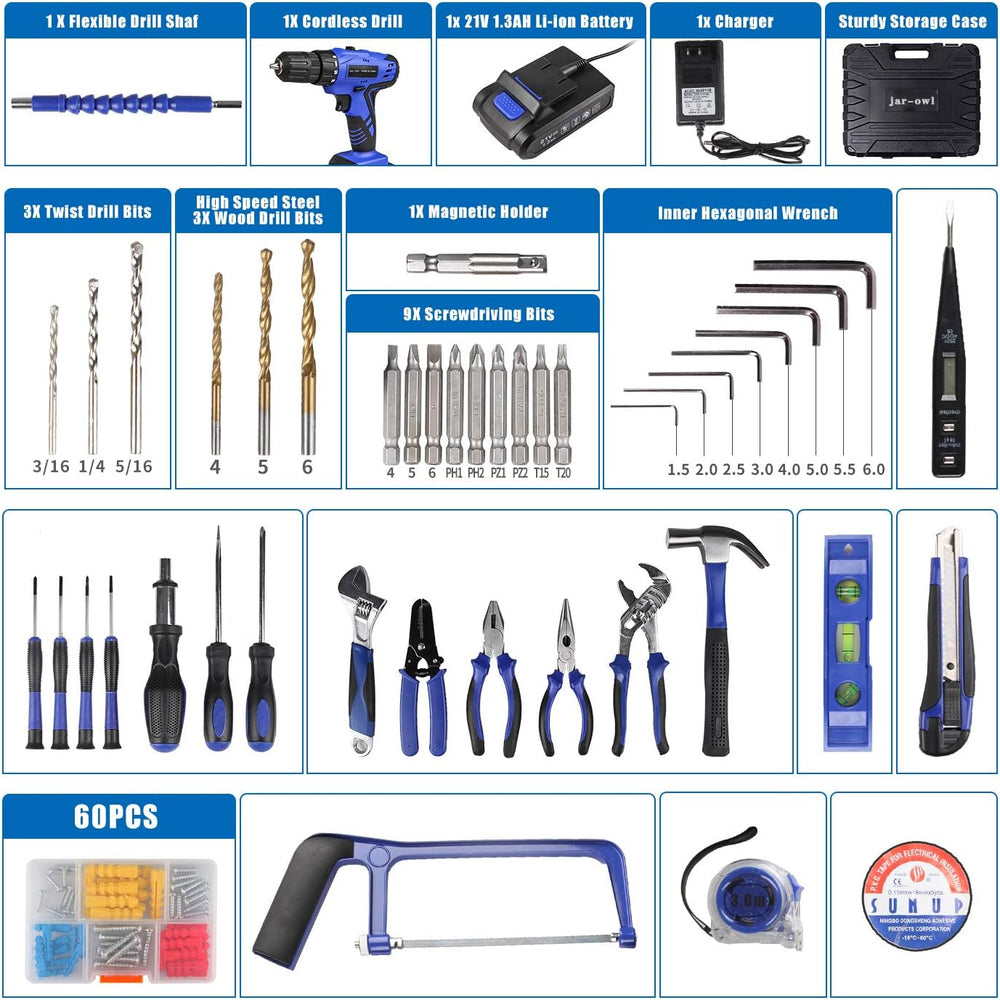 jar-owl 21V Tool Set with Drill, 350 in-lb Torque, 0-1350RMP Variable Speed, ...
