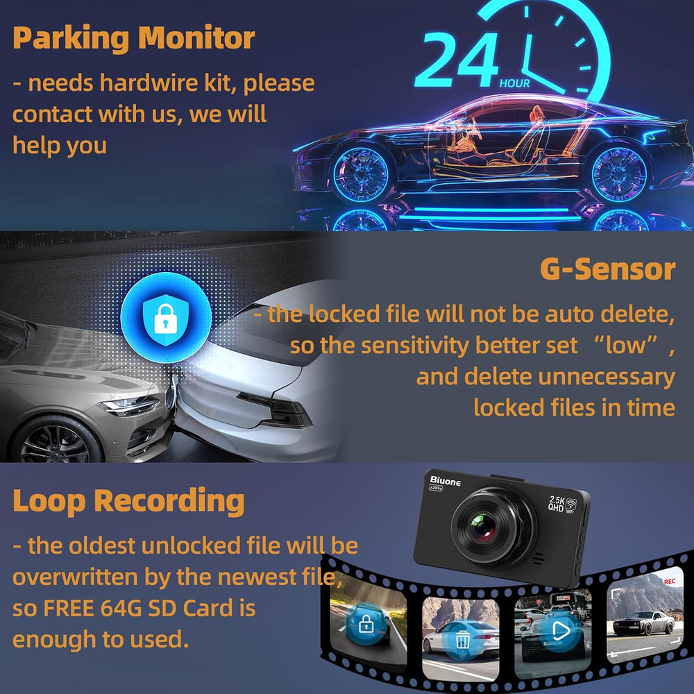Dash Cam Front and Rear, 2.5K+1080P, WiFi App, 64GB Card