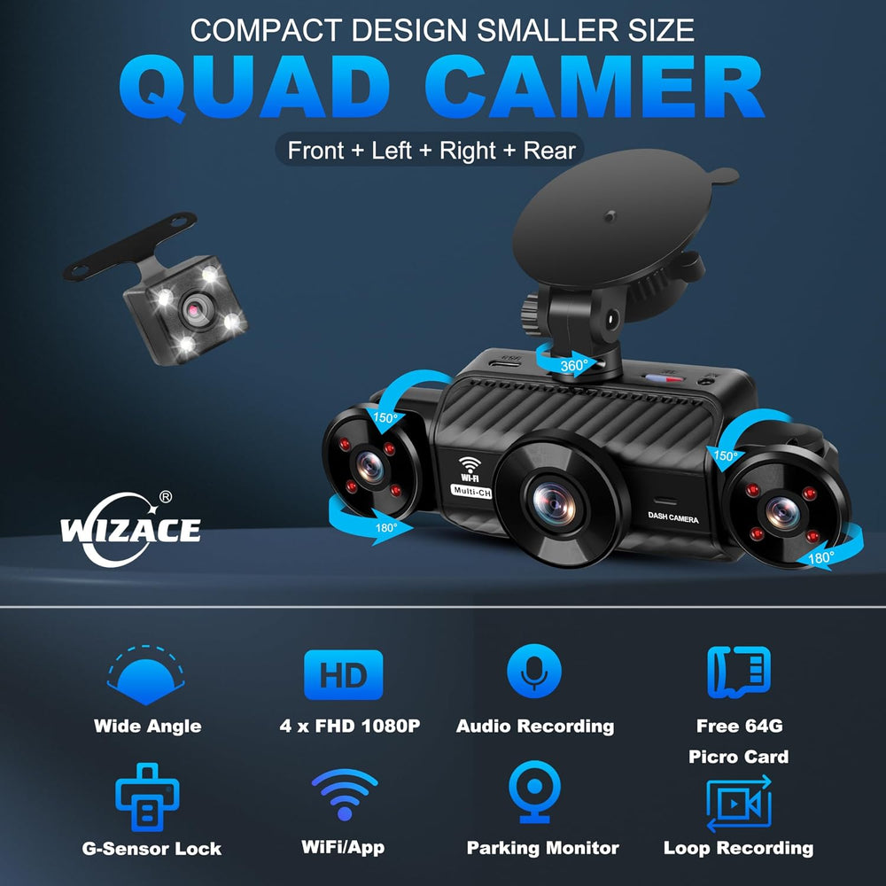 WIZACE 4 Channel Dash Cam 360 Degree View 5G WiFi & APP Control