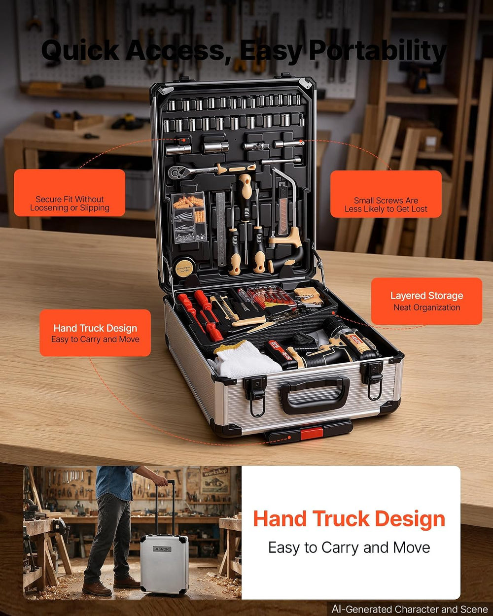 VEVOR 521-Piece Tool Set with 20V Cordless Power Drill, Rolling Tool Box