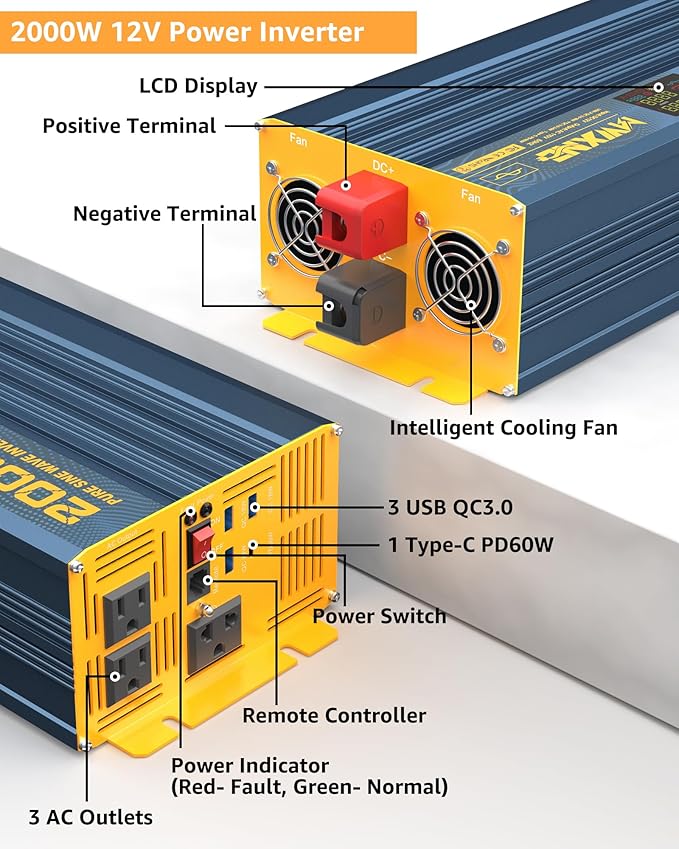 2000W Pure Sine Wave Power Inverter DC 12V to 110V 120V AC