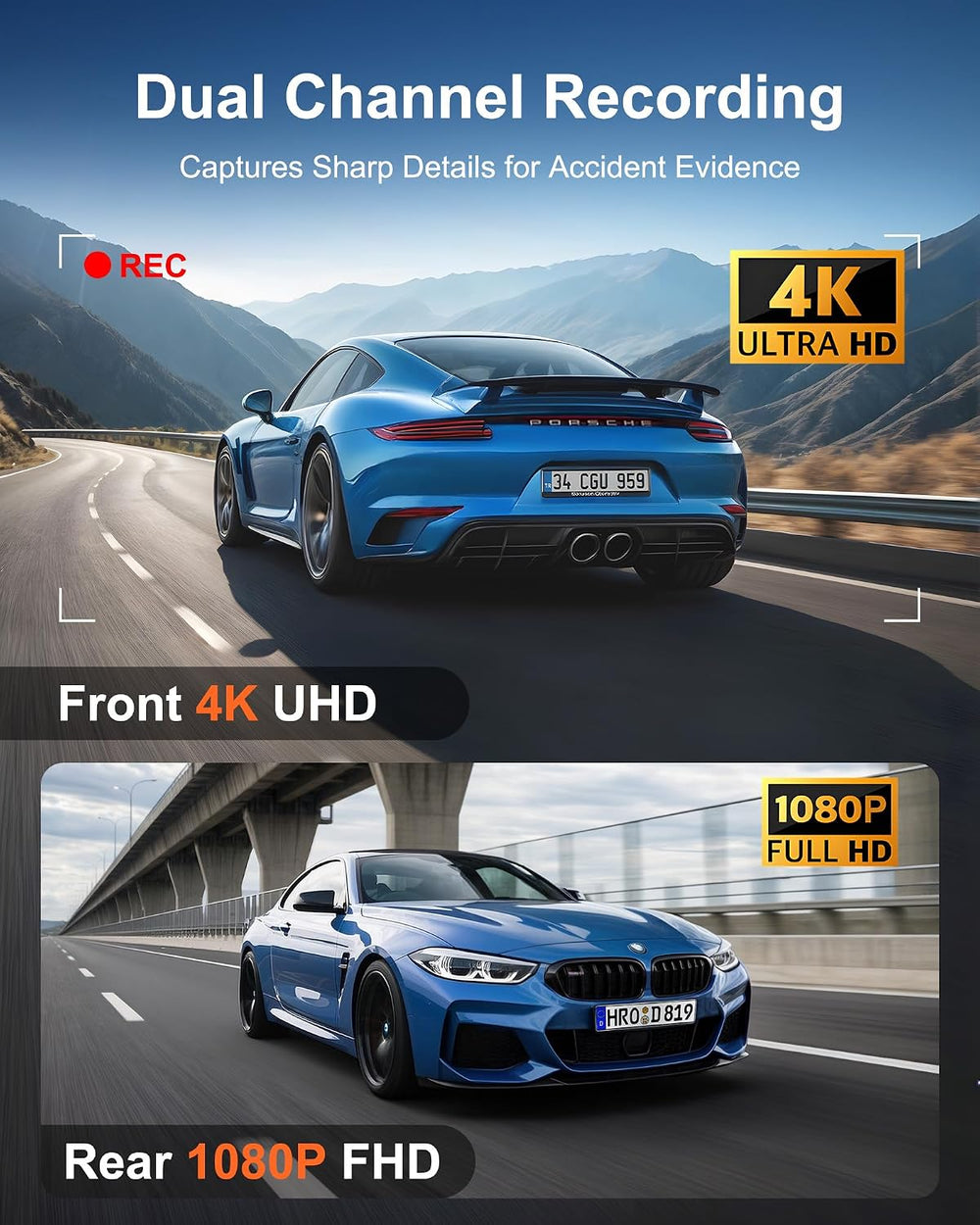 4K+1080P Dash Cam Front and Rear, 5GHz WiFi, GPS, 64GB Card Included