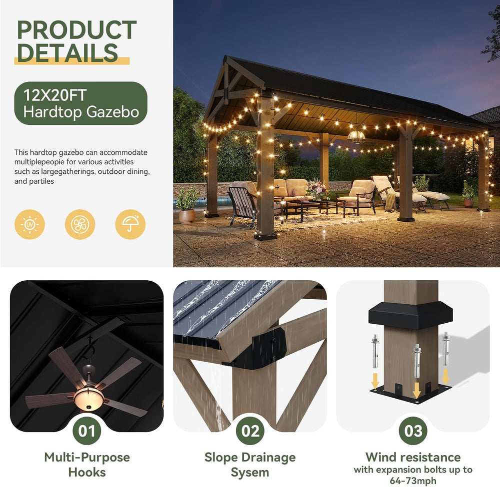 Aoxun 12' x 20' Wood Gazebo with Galvanized Steel Gable Roof, Gray