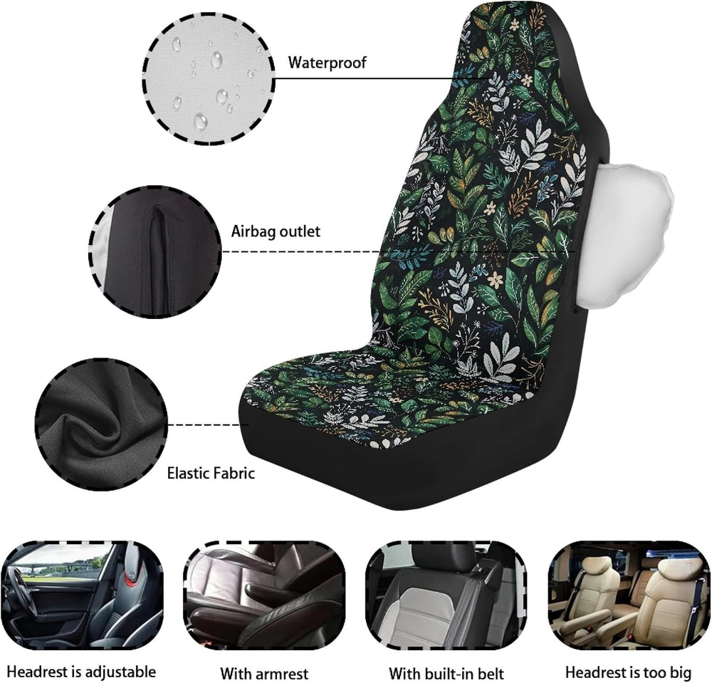 Green Plant Print Waterproof Car Seat Covers Front Seats Only,Universal Fit f...