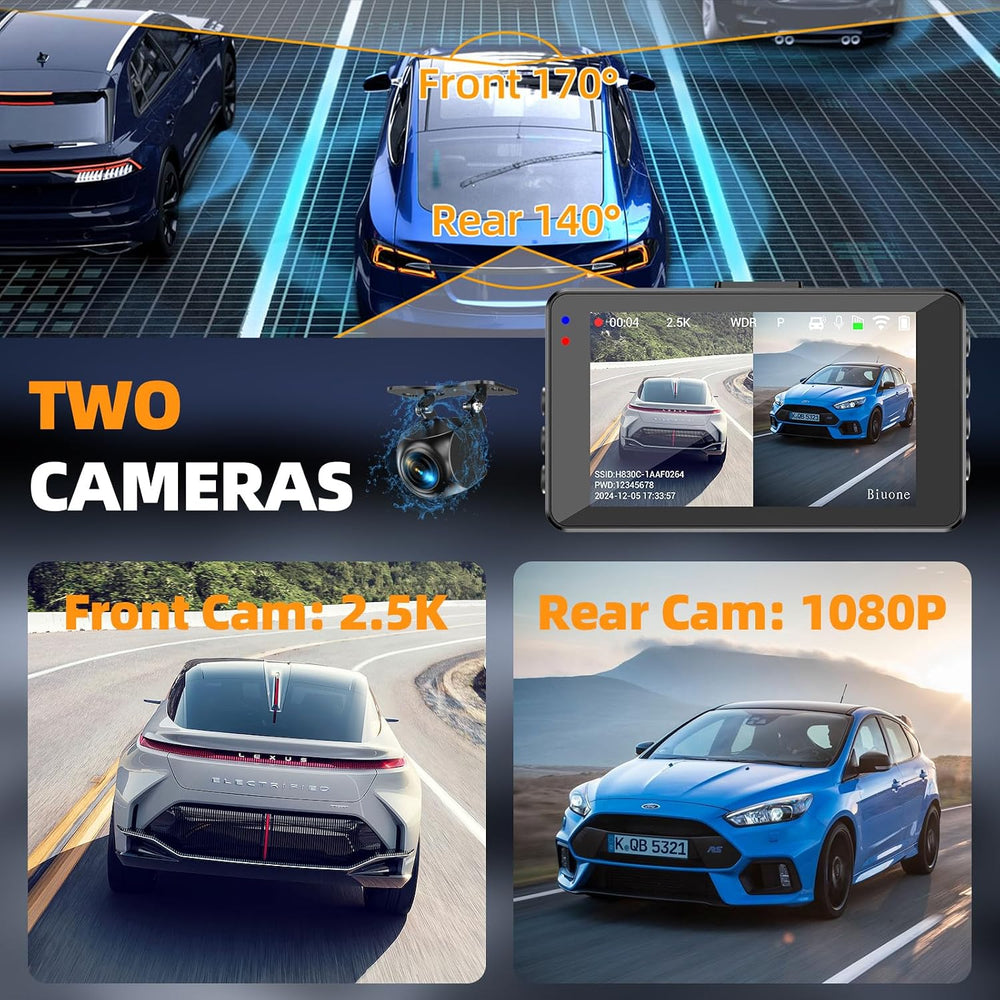 Dash Cam Front and Rear, 2.5K+1080P, WiFi App, 64GB Card