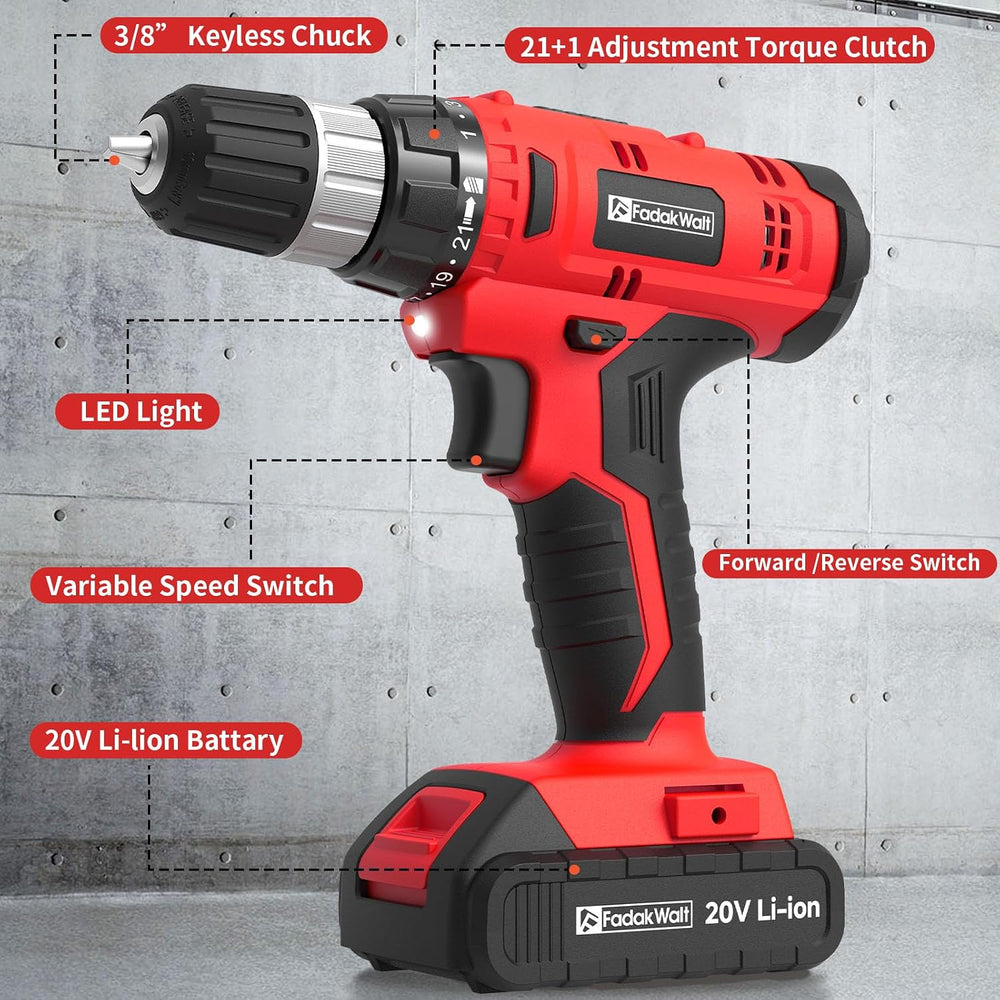 FADAKWALT Cordless Drill Set, 20V Electric Power Drill With Battery And Charg...