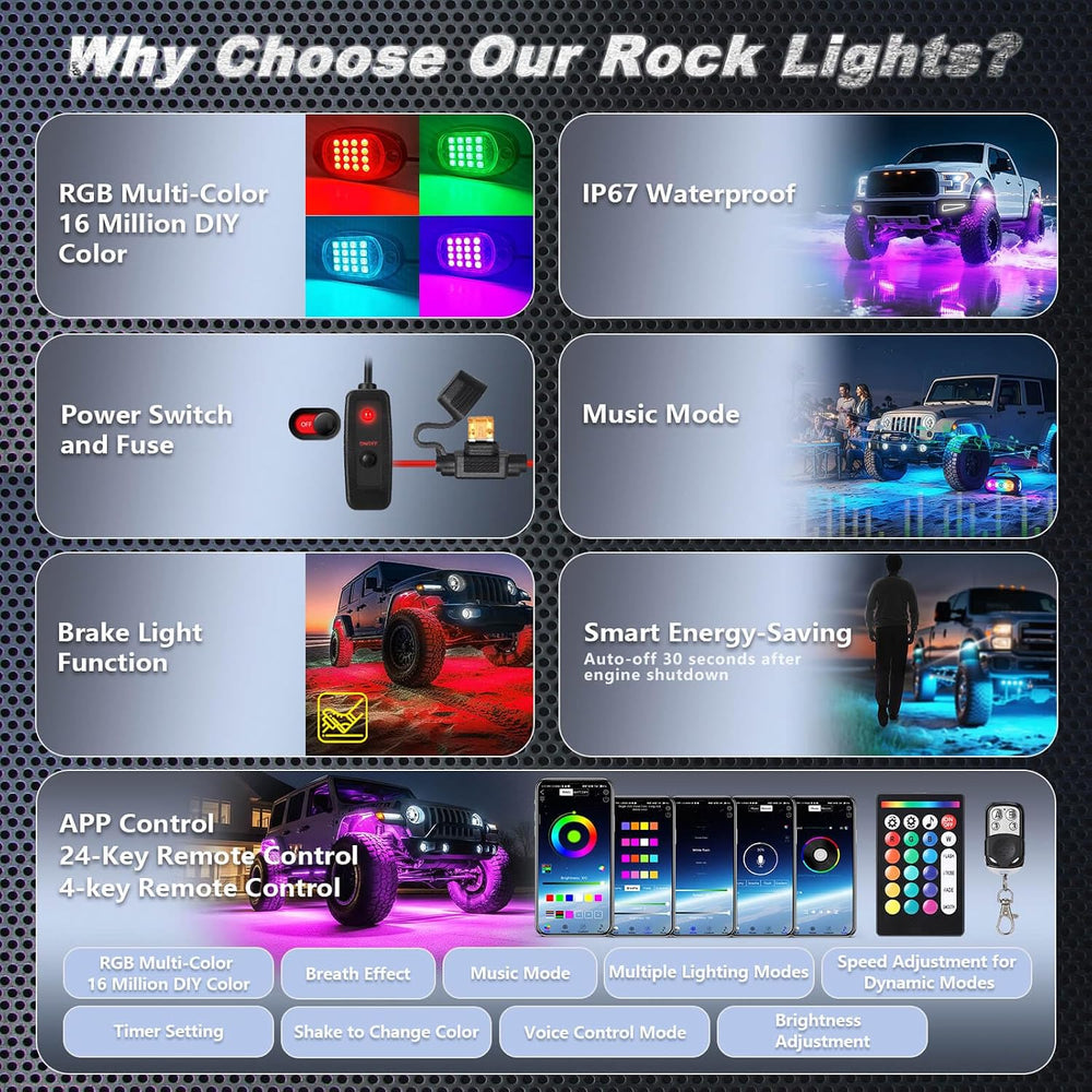 4Pods RGB LED Rock Lights Multicolor Underglow Accent Light Kit 12V