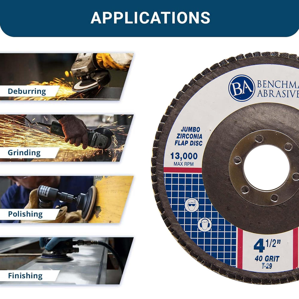 Benchmark Abrasives 4.5" x 7/8" Zirconia Type 29 Flap Discs, 40 Grit