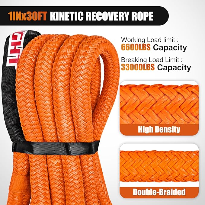 Nilight Kinetic Recovery Rope 33000 LBS 1" x 30ft Snatch Strap Heavy Duty
