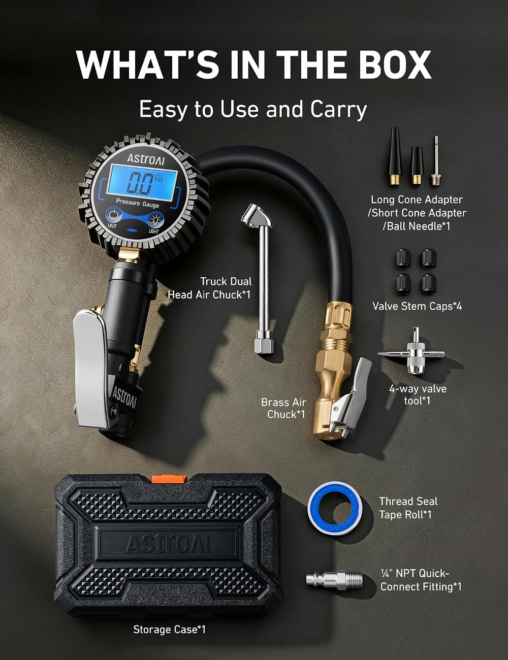 AstroAI Digital Tire Pressure Gauge with Inflator, 3-250 PSI ±1% Precision