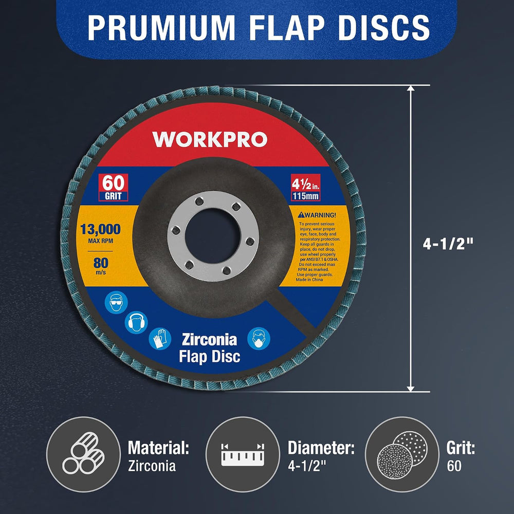 WORKPRO 20-Pack Zirconia Flap Discs, 4-1/2" x 7/8", T29, 60 Grit