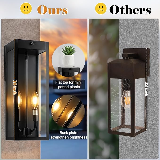 16” Dusk to Dawn Outdoor Lighting, 2 Pack Black Modern Porch Outside Lights