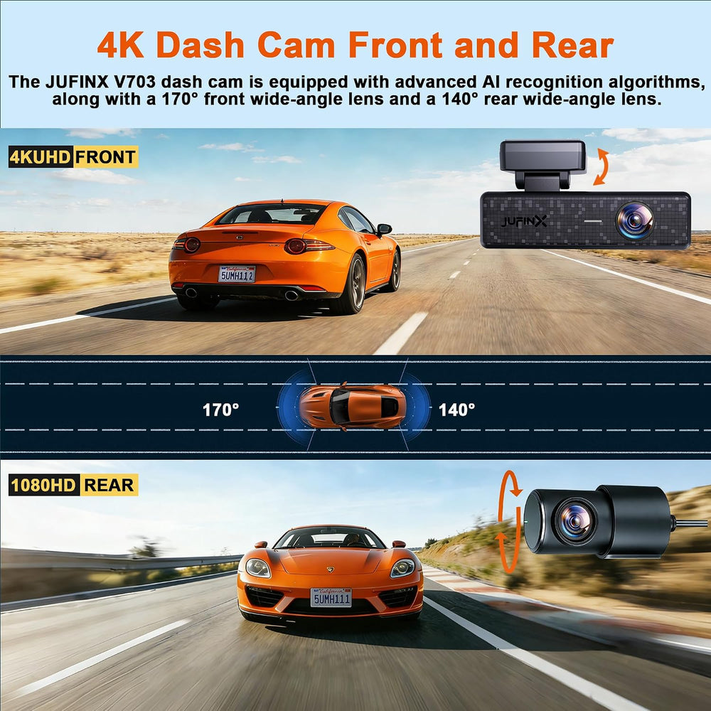 4K Dash Cam Front and Rear,64GB Card,with “Find My” Function, 5.8GHz WiFi