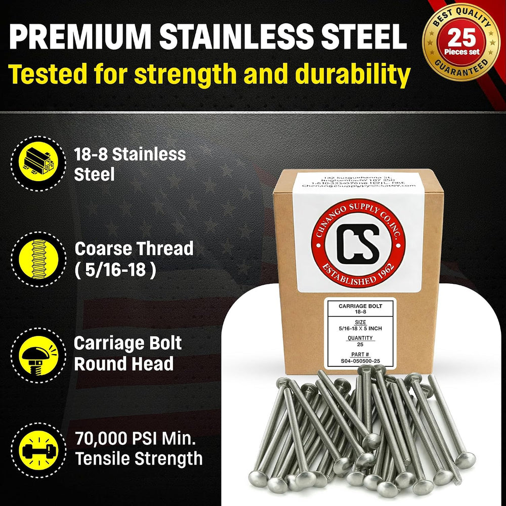 Chenango Supply 5/16-18 x 5" Stainless Carriage Bolts