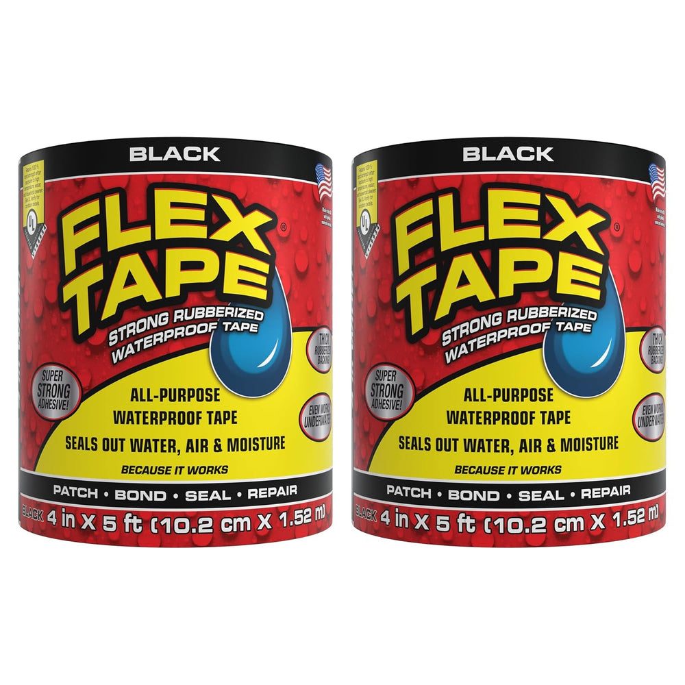 Flex Tape Strong Rubberized Waterproof Tape, Black, 4 in x 5 ft, 2-Pack
