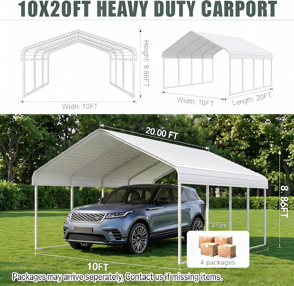White 10x20 ft Heavy Duty Metal Carport Kit
