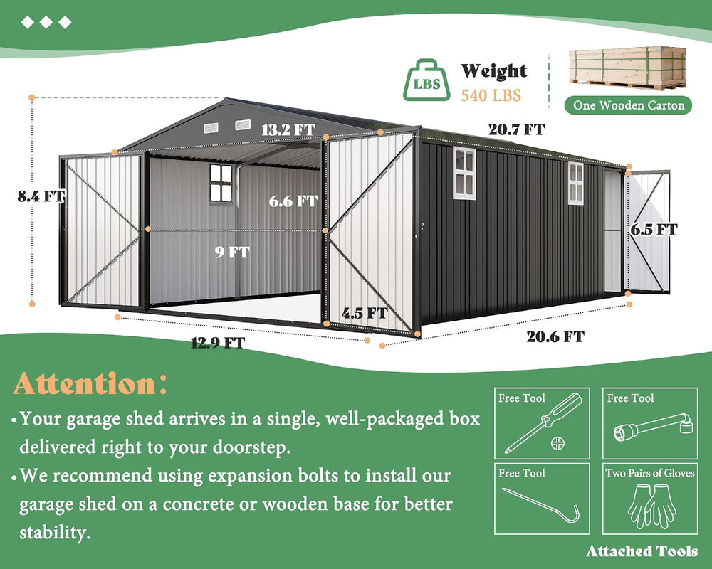 AMERLIFE 13x21x8.4 FT Garage Shed with 3 Lockable Doors & Reinforced Fram