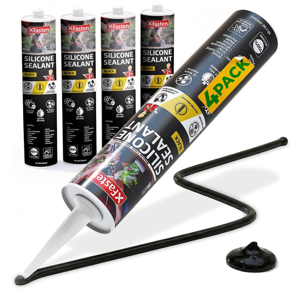 XFasten Silicone Sealant Waterproof Black Cartridge, 10.1 oz (4-Pack) Black C...