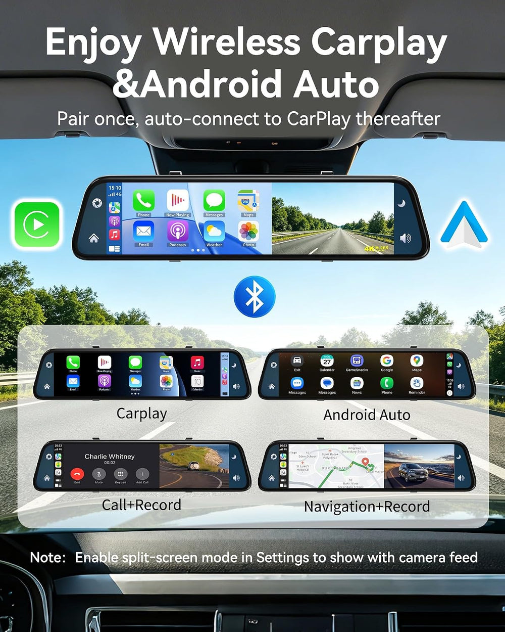 4K 13’’ Rear View Mirror Camera with Wireless Carplay&Android Auto