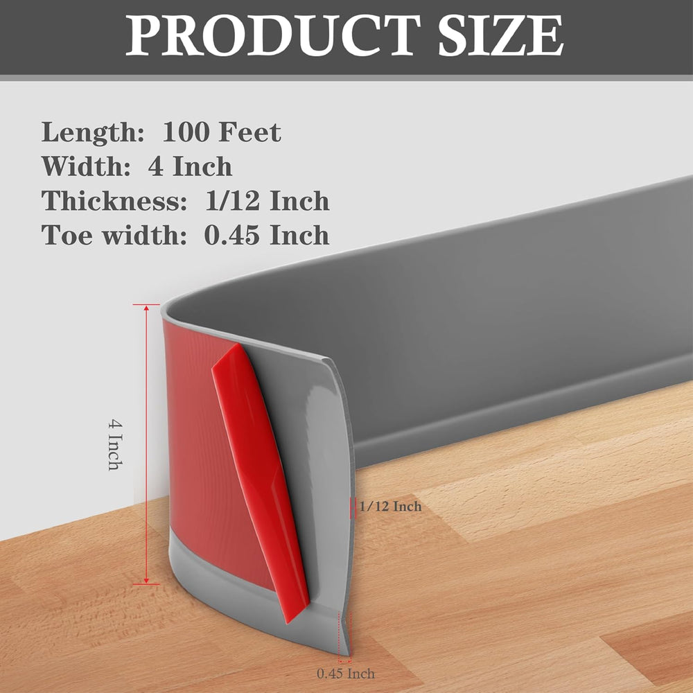 Peel and Stick Baseboard Trim 4" x 100 ft, Vinyl Baseboard Molding Gray