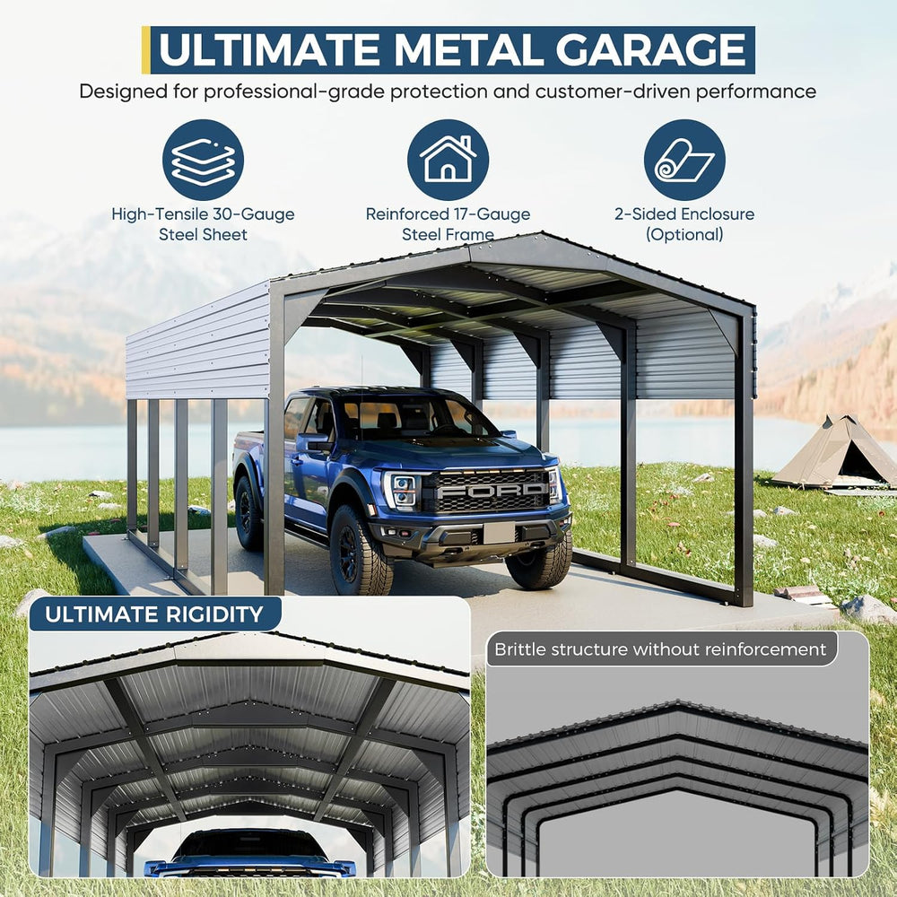 Military-Grade Metal Carport 12x20 FT, Heavy- Duty Galvanized Steel Roof