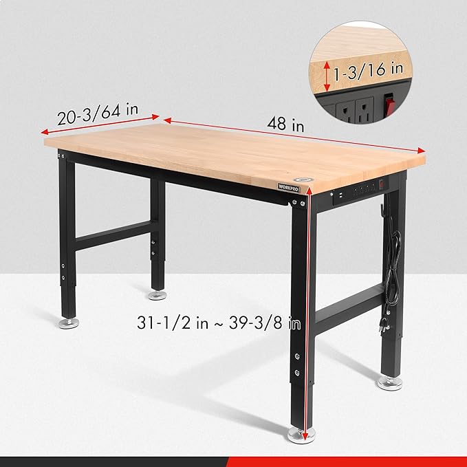 WORKPRO 48" Adjustable Workbench, Rubber Wood Top Heavy-Duty Workstation...